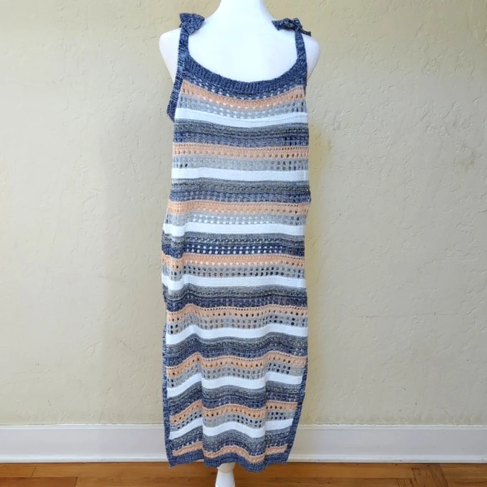 Miss Sparkling Knitted Striped Tie Shoulder Split Hem Dress Cover Up…